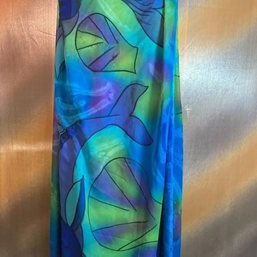 Aremar sheet scarf. Dolphin ocean them. Teals, greens and purples. 44 x 70. B1